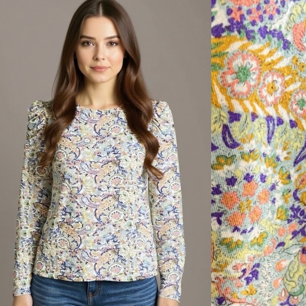 Maison d'Amelie Blue Multicolor Pastel Paisley Long Sleeve Top Size Small